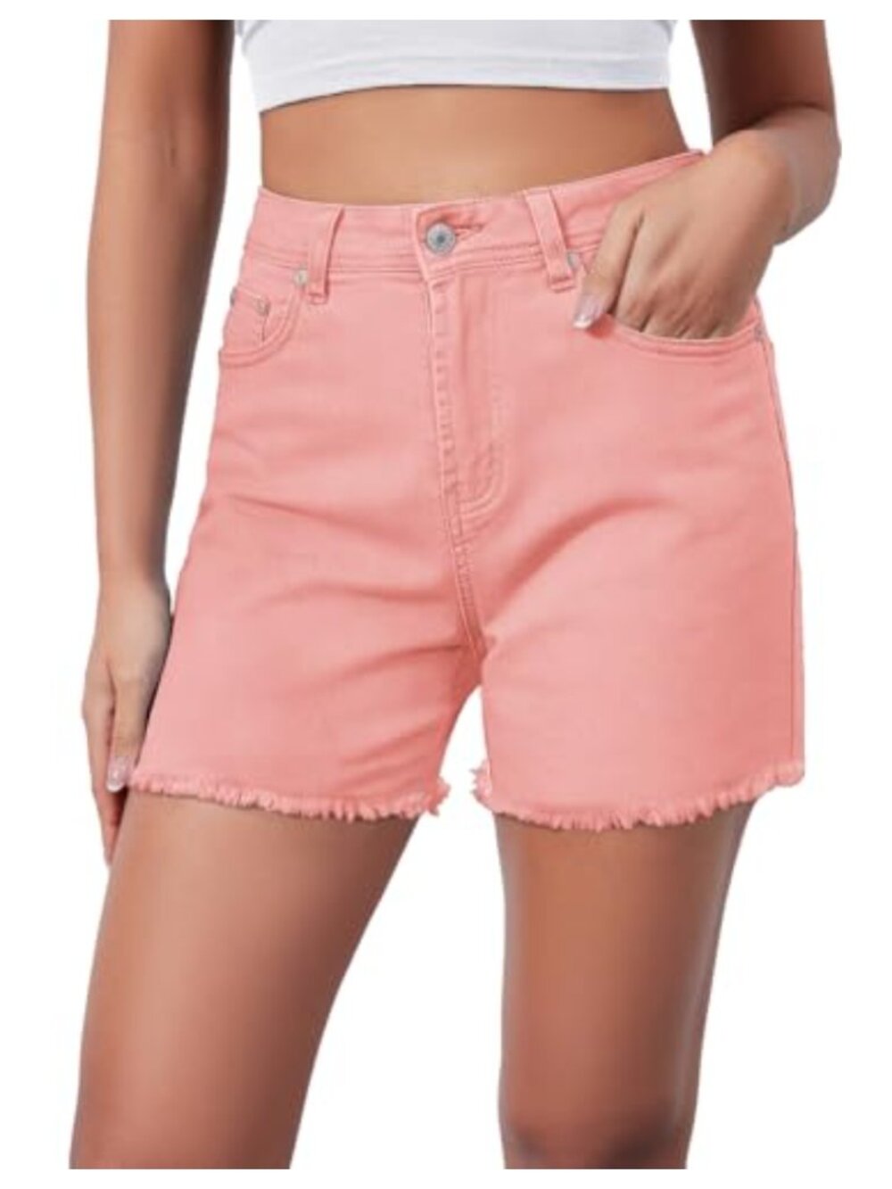 High Waisted Stretchy Denim Shorts Folded Hem Pockets